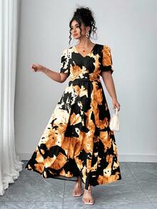 Elenzga Plus Size Elegant Princess Sleeve V-Neck Pleated Dress Cheetah Print Plus Size - Black - View 6