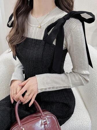 FRIFUL Women's Solid Color Shoulder Tie Cinched Waist Flared Hem Fitted Casual Dress, Autumn/Winter