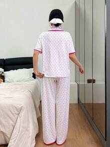 SHEIN Women's Fresh Heart Print Patchwork Color Block Collar Button Short Sleeve Pajama Set - White - View 2