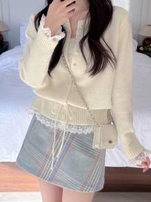 DAZY 女款法式蕾絲拼接針織開襟衫，加厚休閒寬鬆版型外套上衣，秋冬長袖上衣 - 米色 - 查看 10