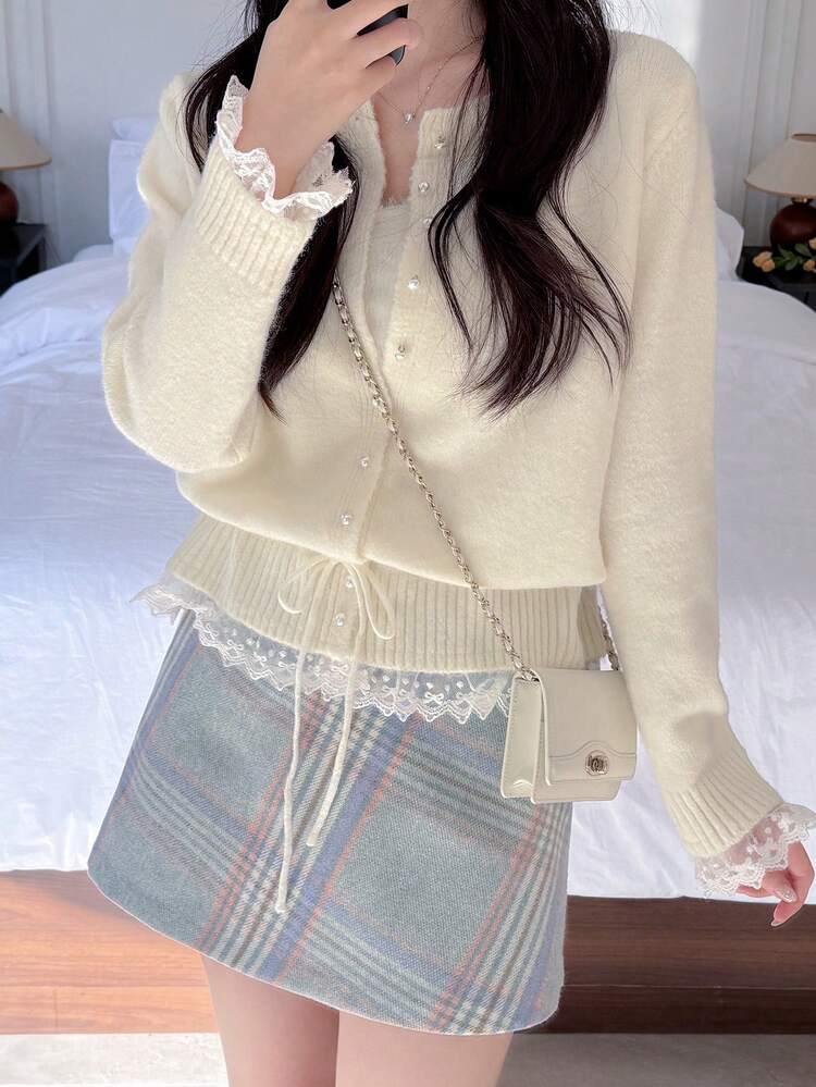 French Lace Patchwork Cardigan Sweater For Women, Thick Casual Loose Fit Outerwear Top, Autumn/Winter