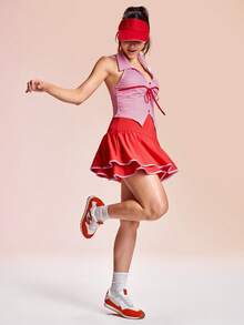 Core Rhythm 女式网球健身户外纯色双层运动短裙，带手机袋 - 紅色 - 查看 1