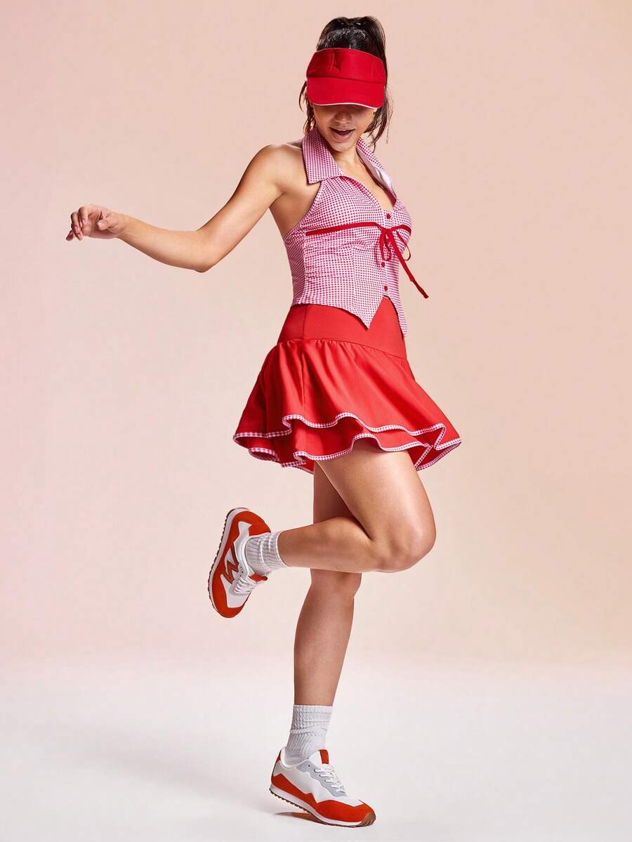 Core Rhythm 女式网球健身户外纯色双层运动短裙，带手机袋 - 紅色 - 查看 1