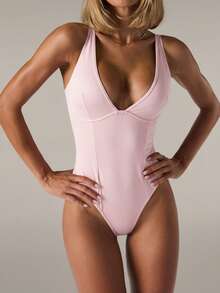 SHEIN BAE 女式性感深V领连体裤，夏季 - 粉色 - 查看 4