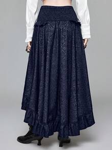 ROMWE Goth Women's Vintage Palace Dark High Waist A-Line Jacquard Patterned Front Short Back Long Skirt - Navy Blue - View 7