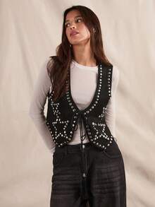 Easelle Áo đen có đinh tán hình ngôi sao năm cánh, lễ hội âm nhạc ngoài trời thú vị, áo kiểu vest - màu đen - Xem 4