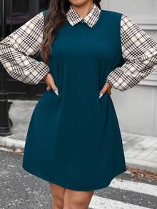 SHEIN LUNE 大码女式秋冬格子图案撞色袖衬衫领长袖休闲连衣裙感恩节装扮节日派对连衣裙女式派对连衣裙 - 寶藍色 - 查看 6