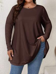 Firerie Túnica básica de manga larga, cuello redondo, unicolor, de corte holgado y elegante para ocasiones casuales y vacaciones, talla grande