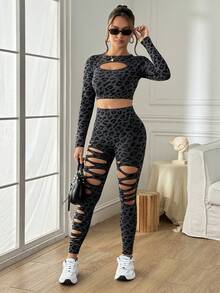 SHEIN Sports 女士豹纹镂空长袖T恤和紧身裤运动套装 - 灰色 - 查看 3