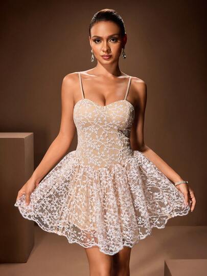 Glamine Charm Floral Embroidery & Sequin Decor Holiday Party Slip Dress Babydoll Dresses Gold And White Dress Short Party Dress Sexy Birthday Dress