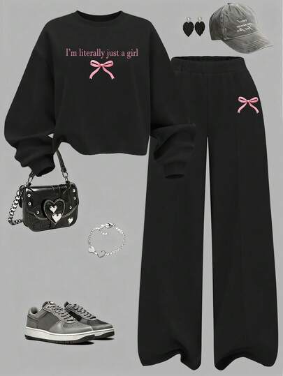 SHEIN Explorewe Mysiga höst- och vinterstilar, avslappnad mode, kreativ, personlig, fräsch, minimalistisk, exklusiv, rosa rosettdekor, bokstavsslogan, grafiskt tryck, avslappnad beskuren tröja och raka byxor, bekväm outfit för tonårsflicka, Y2k-outfit, flickoutfitset, That Girl 2-delat set, rosettoutfit, flickor, Y2k-outfitset