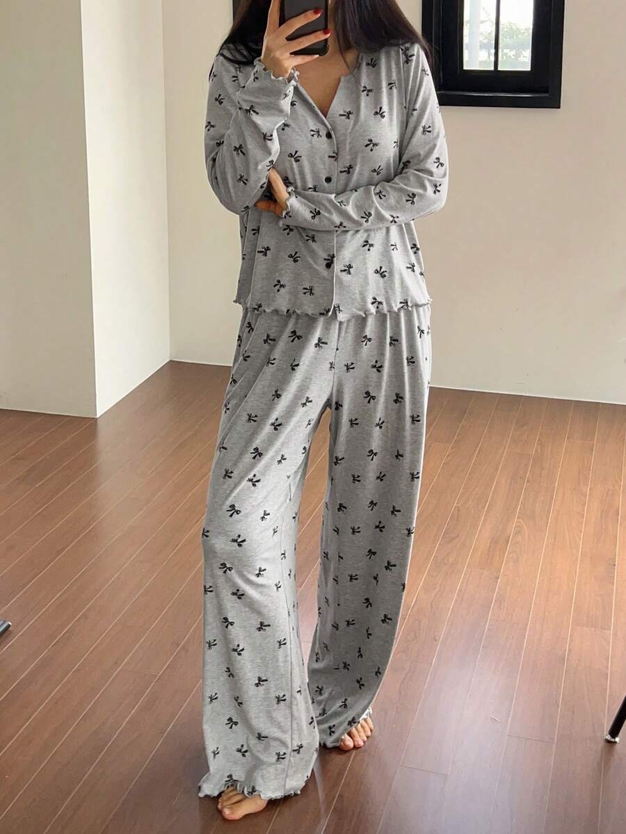 DAZY 女士两件套蝴蝶结印花针织上衣和裤子睡衣套装，冬季服装 - 灰色 - 查看 1