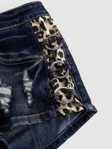 ROMWE J-Fashion Quần short denim nữ Kpop Gyaru Harajuku Midriff họa tiết da báo cổ điển cạp thấp bó sát cạp siêu thấp - Rửa tối - Xem 4