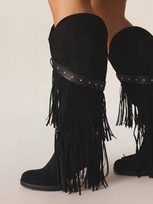 Styleloop Women's Geometric Tassel & Rivet Decor Side Zipper Round Toe Chunky Heel Winter Faux Suede Tall Boots, Suitable For Music Festivals, Halloween, Christmas, And Parties - Black - View 2