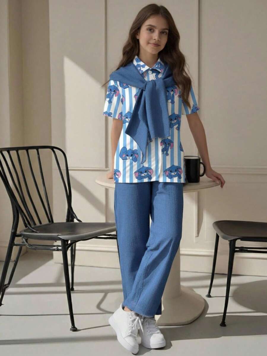 2pcs Tween Girls Casual Loose Short Sleeve Top And Pants Co-Ord Set - Blue - View 1
