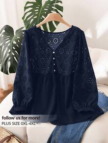 CosyJoli Plus Size Women Spring And Summer Fashion Casual Loose Daily Comfortable Eyelet Embroidery Long Sleeve V-Neck Blouse,Spring,Women Blouse,Slightly Sheer, Vacation