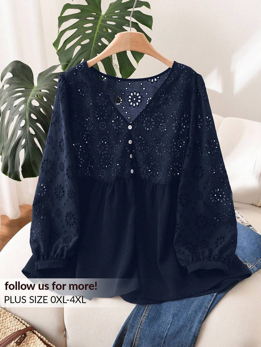 CosyJoli Plus Size Women Spring And Summer Fashion Casual Loose Daily Comfortable Eyelet Embroidery Long Sleeve V-Neck Blouse,Spring,Women Blouse,Slightly Sheer, Vacation