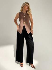 Auralis Camiseta sin mangas de color caqui sólido con decoración de hebilla de metal, elegante, para mujer, estilo de negocios casuales, moda de viaje, graduación, oficina, crucero, aeropuerto, divertida