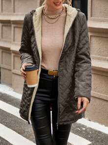 Aveloria Modichic 女士纯色前拉链连帽长袖长款休闲加厚棉服外套，冬装 - 咖啡棕 - 查看 5