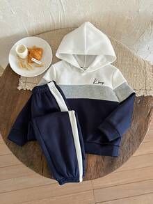 LMoss Kids LMoss 2pcs/Set Young Boy Contrast Color Hooded Sweatshirt And Jogger Pants Set, Hoodies, Long Sleeve Tops, Cozy Fall & Winter Styles