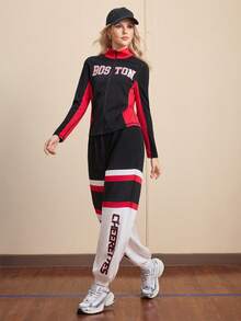 SHEIN Unity 女士字母印花撞色拉链运动夹克 - 黑色 - 查看 7