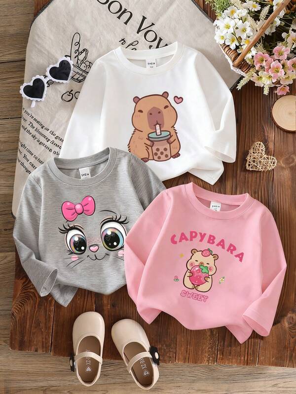 3pcs/Set Baby Girl Unisex Infant Toddler (6 Months - 3 Years) Casual Cute Capybara, Cat Face, Hippo Print Long Sleeve Knitted Crew Neck T-Shirts, Suitable For Spring, Autumn, Winter Baby Girl Long Sleeve Clothes Baby Girl Clothes Spring Fall Baby Casual Sets Cute Toddler Tops Baby Cartoon Clothes