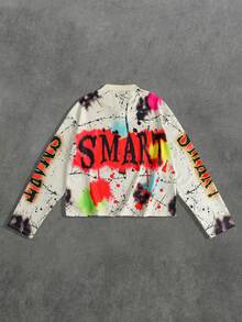 ROMWE MEN Street Life Men's Retro Graphic Print Long Sleeve Polo Shirt, Loose Cropped Fit - Apricot - View 2