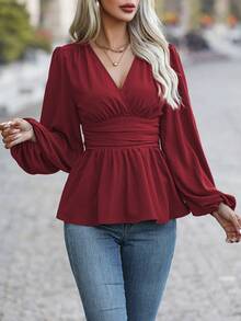 SHEIN LUNE Áo sơ mi peplum đơn giản, cổ chữ V tay dài, xếp ly đơn giản, thường ngày - Màu Đỏ Sâu - Xem 3