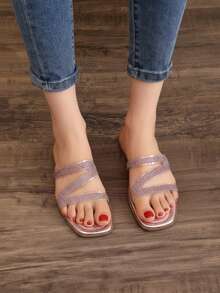 Sandalia tipo mule para mujer, tres tiras con pedrería, punta cuadrada, suela plana, estilo elegante para fiesta y casual - Rosa - Ver 3