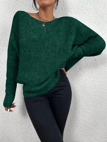 SHEIN LUNE 女士纯色简约休闲套头毛衣 - 橄欖綠 - 查看 6