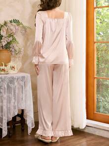Côtesoire French Romantic Ruffle Satin Women Pajama Set, Winter Clothes - Champagne - View 2