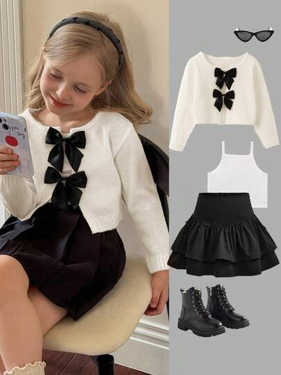 SHEIN Young Girl Bowknot Cardigan With Round Neck, Casual For Daily Wear, Autumn/Winter,Long Sleeve Tops, Elegant & Cute, High Quality, Warm & Soft, Versatile For Play, Daily Wear, School, Autumn & Winter,Back To School Season.College Style