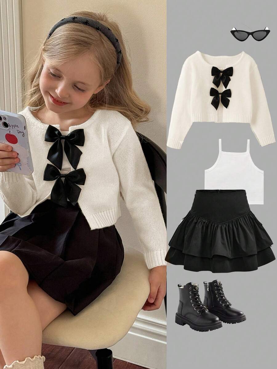 SHEIN Young Girl Bowknot Cardigan With Round Neck, Casual For Daily Wear, Autumn/Winter,Long Sleeve Tops, Elegant & Cute, High Quality, Warm & Soft, Versatile For Play, Daily Wear, School, Autumn & Winter,Back To School Season.College Style