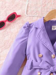 优雅少女外套，长袖翻领配腰带，左侧蝴蝶网纱装饰，迷人可爱 - 紫色 - 查看 4