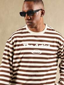 SUMWON 短款修身长袖落肩条纹T恤，饰有文字Logo，休闲街头风 - 彩色 - 查看 3