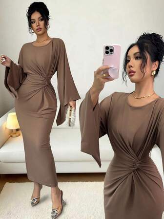 Rafferiza Elegant rund halsringning med fladdermusärm och snurrmidja, smal passform, stickad maxiklänning, brun