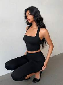 Flirla Bộ 2 áo crop top cổ lọ đơn giản và quần legging xẻ gấu ôm vừa vặn, phù hợp cho mọi mùa - màu đen - Xem 7