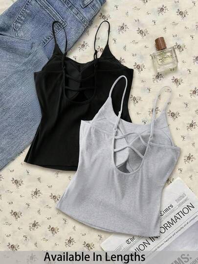 SHEIN Tall CURVE 大码休闲百搭纯色吊带背心，带衬垫胸罩，适合夏季情人节、海滩度假，黑色上衣，黑灰色