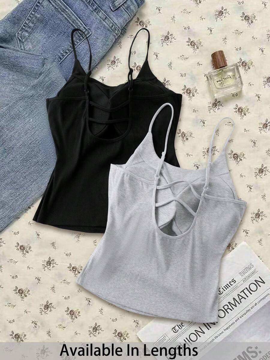 SHEIN Tall CURVE 大码休闲百搭纯色吊带背心，带衬垫胸罩，适合夏季情人节、海滩度假，黑色上衣，黑灰色 - 彩色 - 查看 1