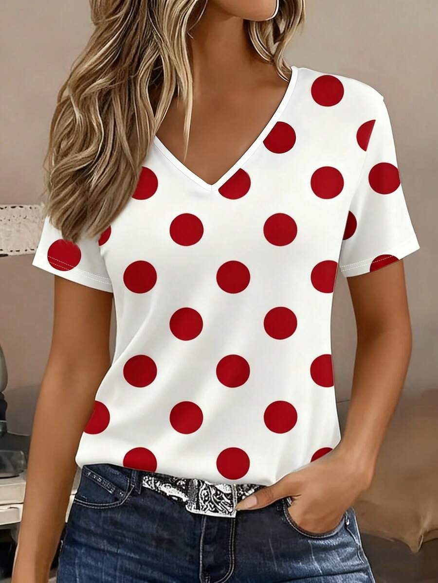 Classic Polka Dot Print Pattern V-Neck Short Sleeve T-Shirt For Women, Casual Student Wear, Outdoor, Daily, Summer - Multicolor - View 1