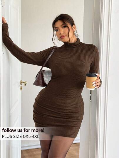 Lounesse 大码女式高领纹理面料黑色紧身长袖连衣裙，百搭针织连衣裙，适合日常穿着和通勤，秋冬