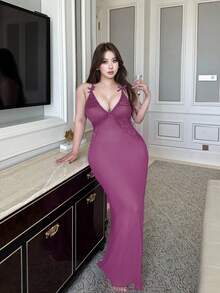 Flirla 加大码性感紧身连衣裙，V领，蕾丝拼接，蝴蝶结装饰，蝙蝠袖，修身显身材，紫色 - 淡紫色 - 查看 9