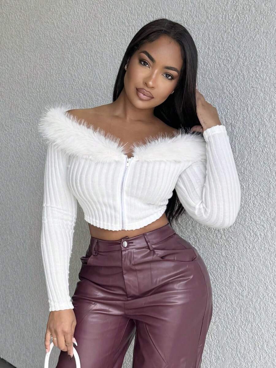 Alexandranx Off Shoulder Fuzzy Trim Crop Pink Jacket In Fall/Winter - White - View 1