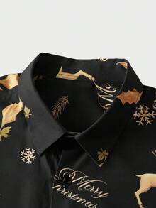 Manfinity VCAY Men Leaf & Deer All-Over Print Front Button Casual Long Sleeve Shirt, Christmas Long Sleeve Button Up Black Shirt, New Year Glamour - Black - View 5