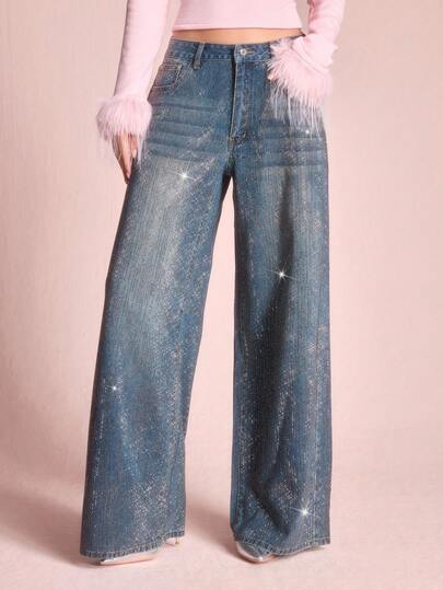 ROMWE Avant Y2K Glittery Loose Wide Leg Women Denim Low Waist Jeans For Rave Party