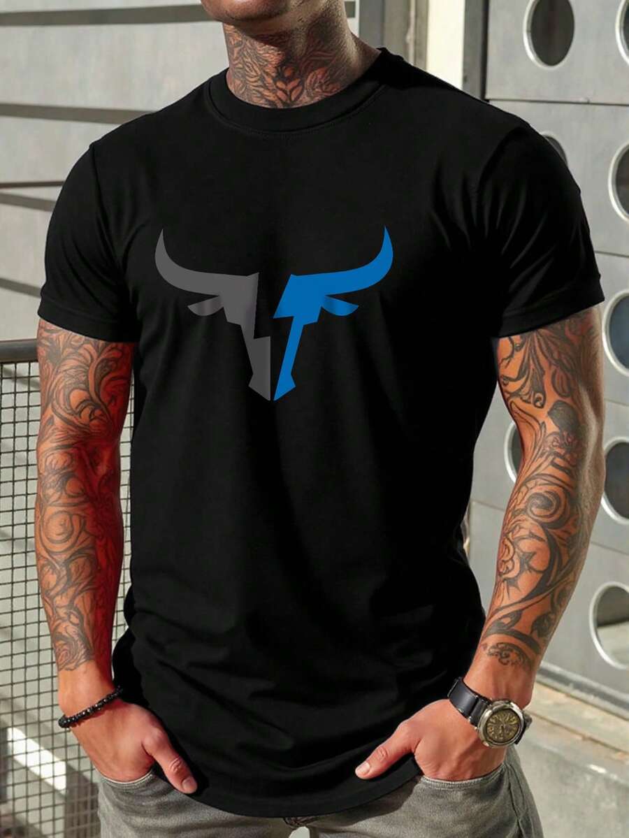 Manfinity Roughcore Men's Bull Print Round Neck Short Sleeve Casual Versatile T-Shirt - Black - View 1