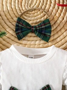 SHEIN Playful Pals 女婴可爱圣诞风连体衣，长袖，带头带装饰 - 綠色 - 查看 6