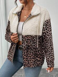 Firerie Plus Size Women Fabric Patchwork Design Leopard Print Loose Casual Fashionable Jacket Winter Fall Autumn - Multicolor - View 3