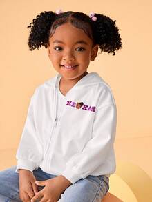 Blippi X SHEIN Young Girl Casual Cartoon Graphic Hooded Zip-Up Long Sleeve Knit White Sweatshirt - White - View 6
