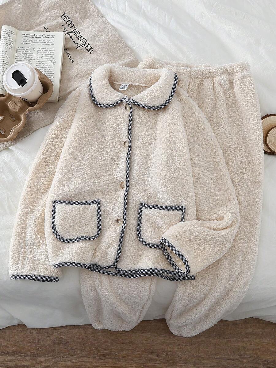 女童杏色长袖上衣和裤子蓬松格子撞色滚边睡衣套装 - 杏色 - 查看 1